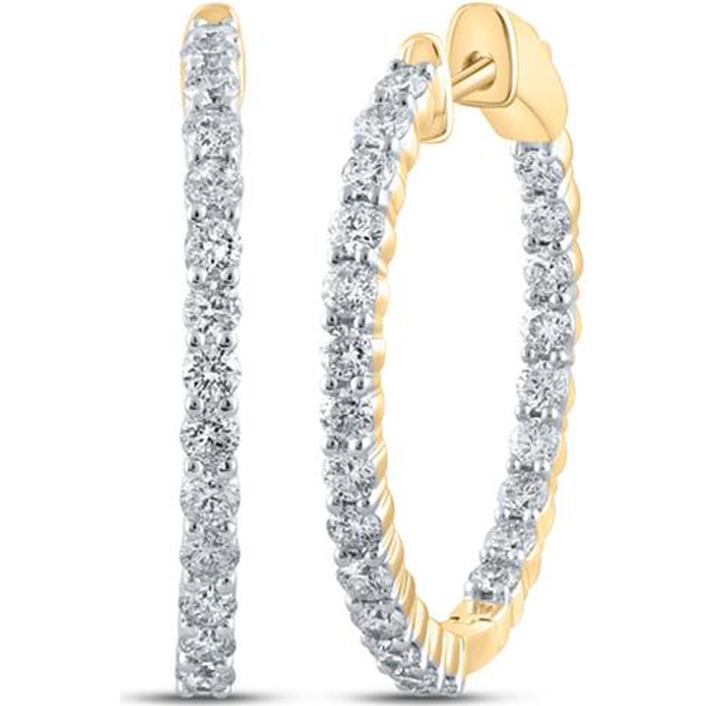 GND 10K Yellow Gold Medium Hoop Earrings with Prong-Set Round Diamonds - 1.5 Carat Total Diamond Weight