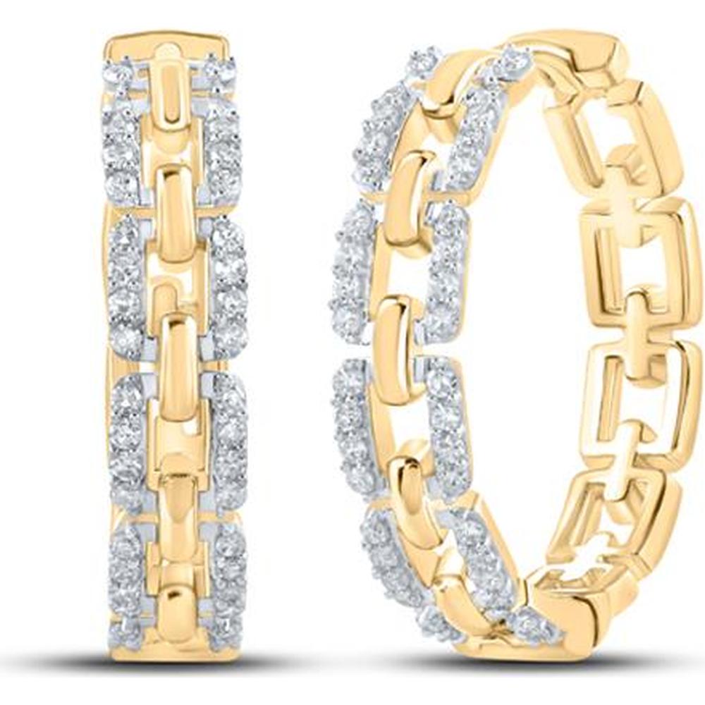 GND 10K Yellow Gold Medium Hoop Earrings with Prong-Set Round Diamonds - 3/8 Total Carat Weight