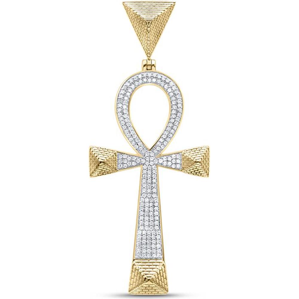 GND 10K Yellow Gold Men's Ankh Cross Pendant with Prong-Set Round Diamonds - 0.50 Carat Total Diamond Weight