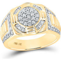 GND 10K Yellow Gold Men's Circle Cluster Ring with Prong-Set Round Diamonds and Channel-Set Baguette Diamonds - 1.00 Carat Total Diamond Weight
