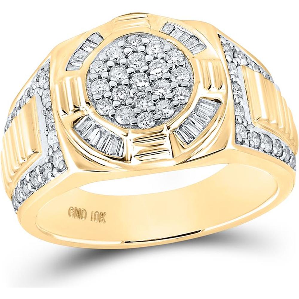 GND 10K Yellow Gold Men's Circle Cluster Ring with Prong-Set Round Diamonds and Channel-Set Baguette Diamonds - 1.00 Carat Total Diamond Weight