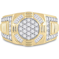 GND 10K Yellow Gold Men's Circle Cluster Ring with Prong-Set Round Diamonds and Channel-Set Baguette Diamonds - 1.00 Carat Total Diamond Weight