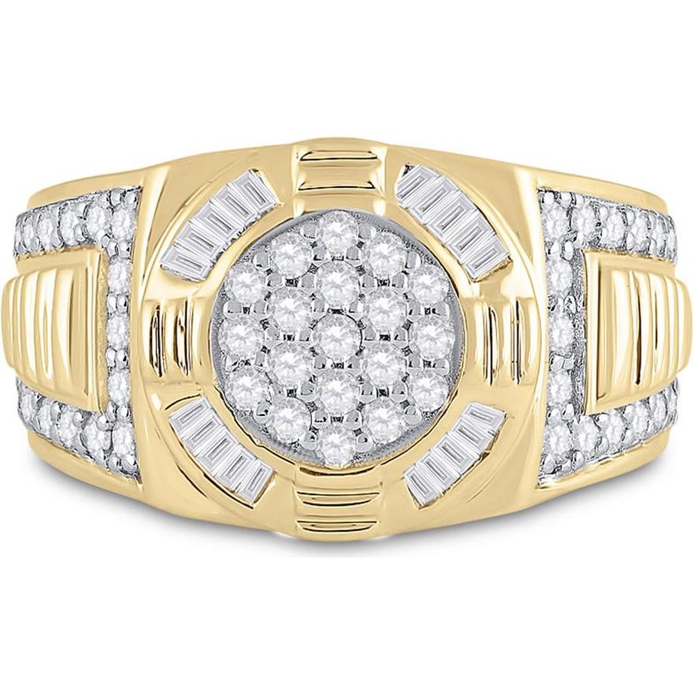 GND 10K Yellow Gold Men's Circle Cluster Ring with Prong-Set Round Diamonds and Channel-Set Baguette Diamonds - 1.00 Carat Total Diamond Weight