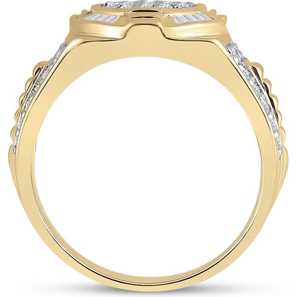 GND 10K Yellow Gold Men's Circle Cluster Ring with Prong-Set Round Diamonds and Channel-Set Baguette Diamonds - 1.00 Carat Total Diamond Weight