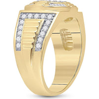 GND 10K Yellow Gold Men's Circle Cluster Ring with Prong-Set Round Diamonds and Channel-Set Baguette Diamonds - 1.00 Carat Total Diamond Weight