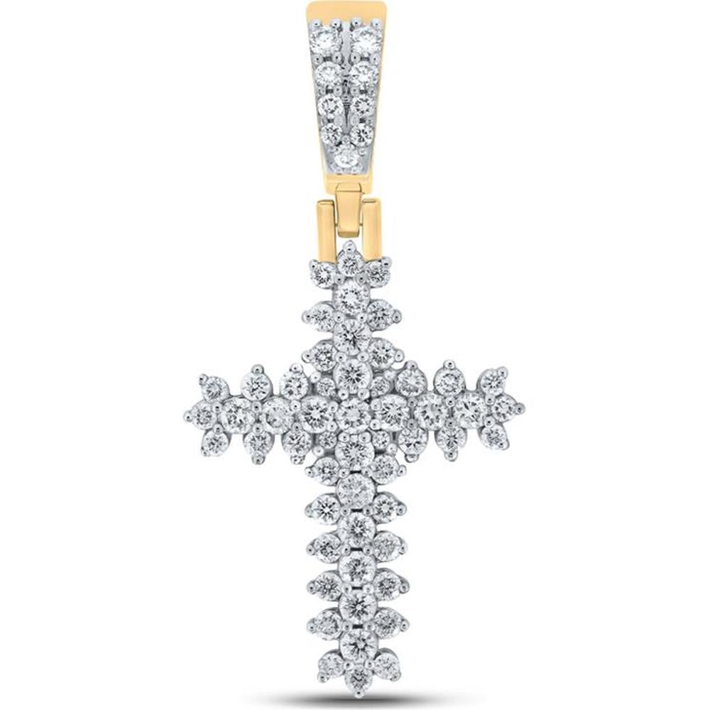 GND 10K Yellow Gold Men's Diamond Cross Charm with Prong Set Round Diamonds - 1.75 Carat Total Diamond Weight