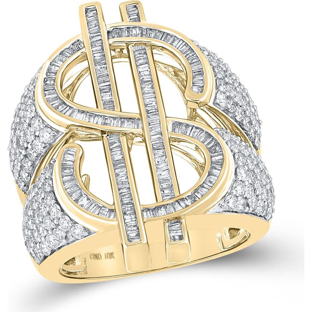 GND 10K Yellow Gold Men's Dollar Motif Ring with 2.87 Carat Total Weight Channel-Set and Prong-Set Round Diamonds
