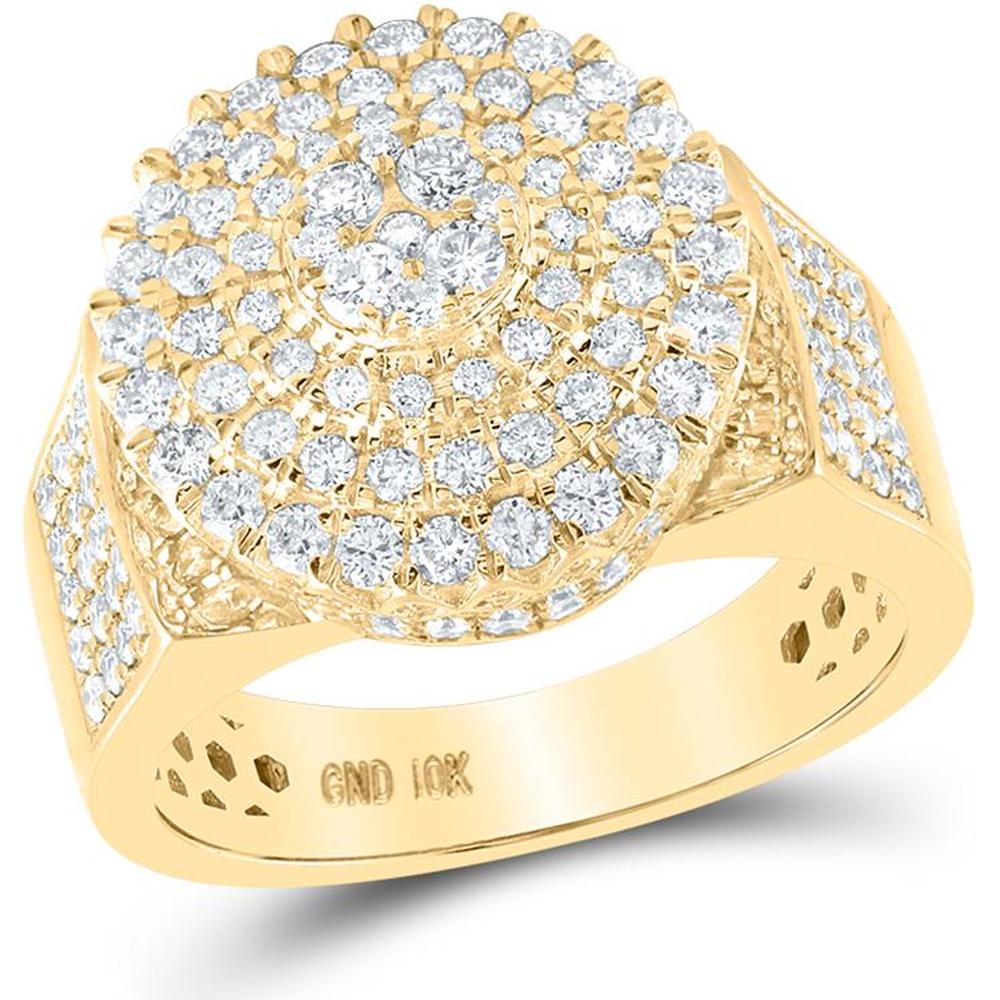 GND 10K Yellow Gold Men's Ring with Prong-Set Center and Pave-Set Round Diamonds - 2.00 Carat Total Diamond Weight