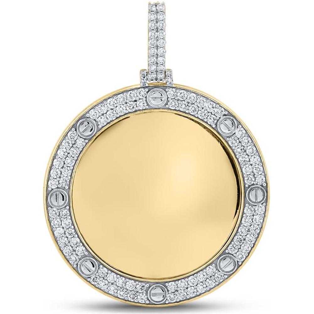 GND 10K Yellow Gold Mirror Circle Pendant with Prong-Set Round Diamonds - 2.00 Carat Total Diamond Weight