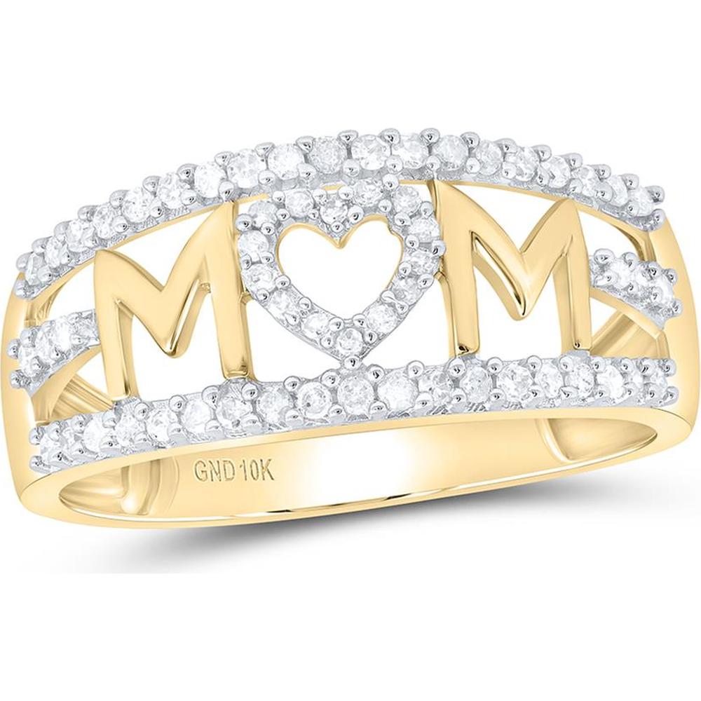 GND 10K Yellow Gold Mom Heart Band Ring with Prong-Set Round Diamonds - 1/4 Carat Total Diamond Weight