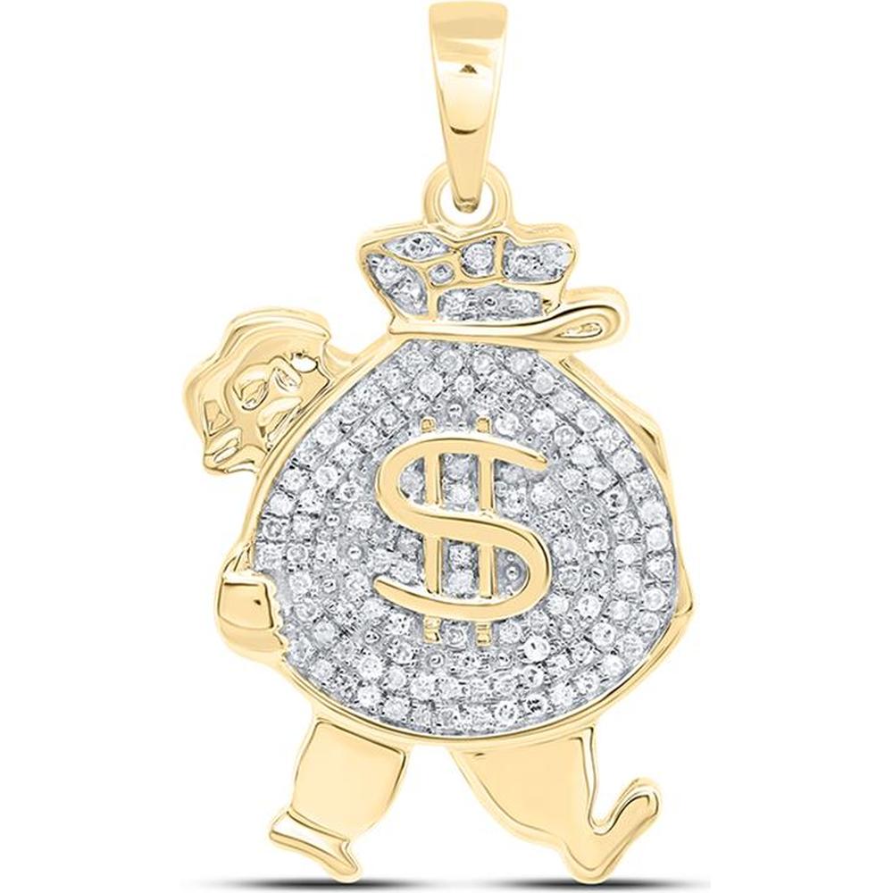 GND 10K Yellow Gold Money Bag Man Charm Pendant with Pave-Set Round Diamonds - 1/4 Carat Total Diamond Weight