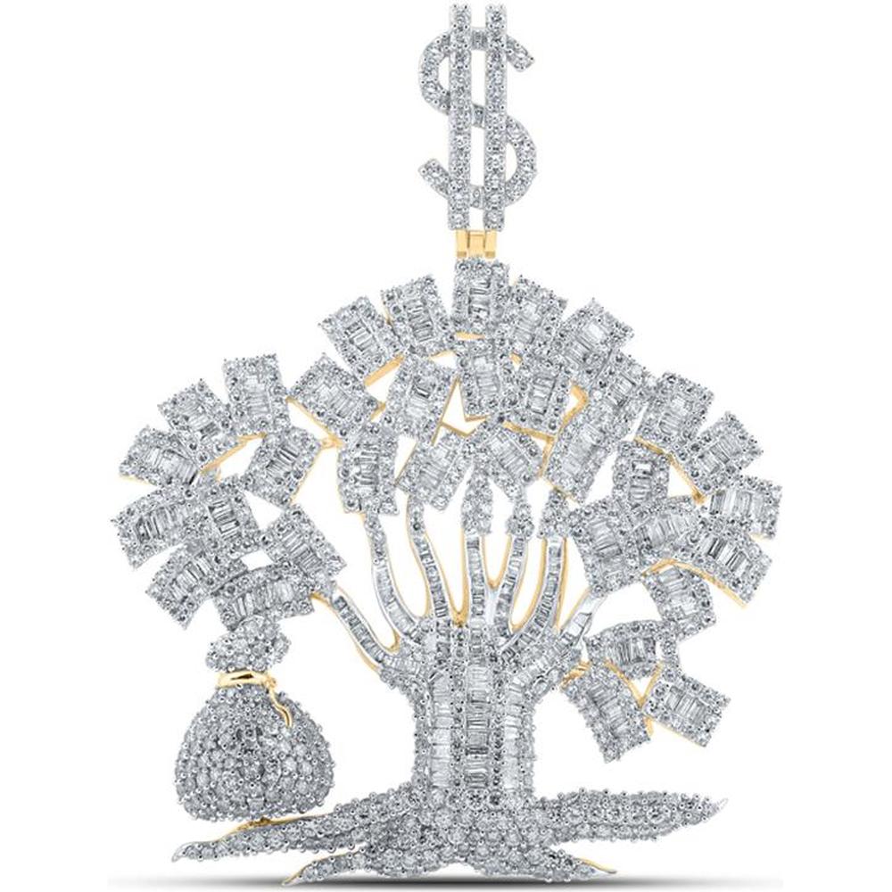 GND 10K Yellow Gold Money Tree Charm Pendant with Channel-Set Baguette and Prong-Set Round Diamonds - 6.50 Carat Total Diamond Weight