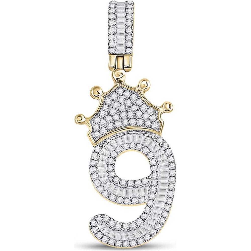 GND 10K Yellow Gold Number 9 Crown Pendant with Round and Baguette Diamonds - 0.75 Carat Total Diamond Weight