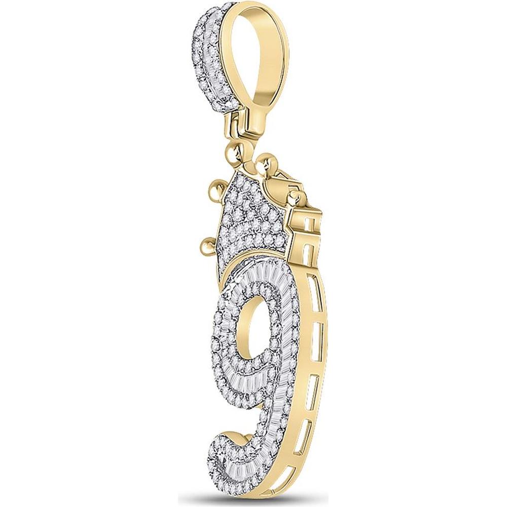 GND 10K Yellow Gold Number 9 Crown Pendant with Round and Baguette Diamonds - 0.75 Carat Total Diamond Weight