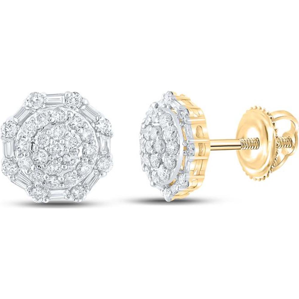 GND 10K Yellow Gold Octagon Cluster Earrings with Baguette and Round Diamonds - 5/8 Total Carat Weight