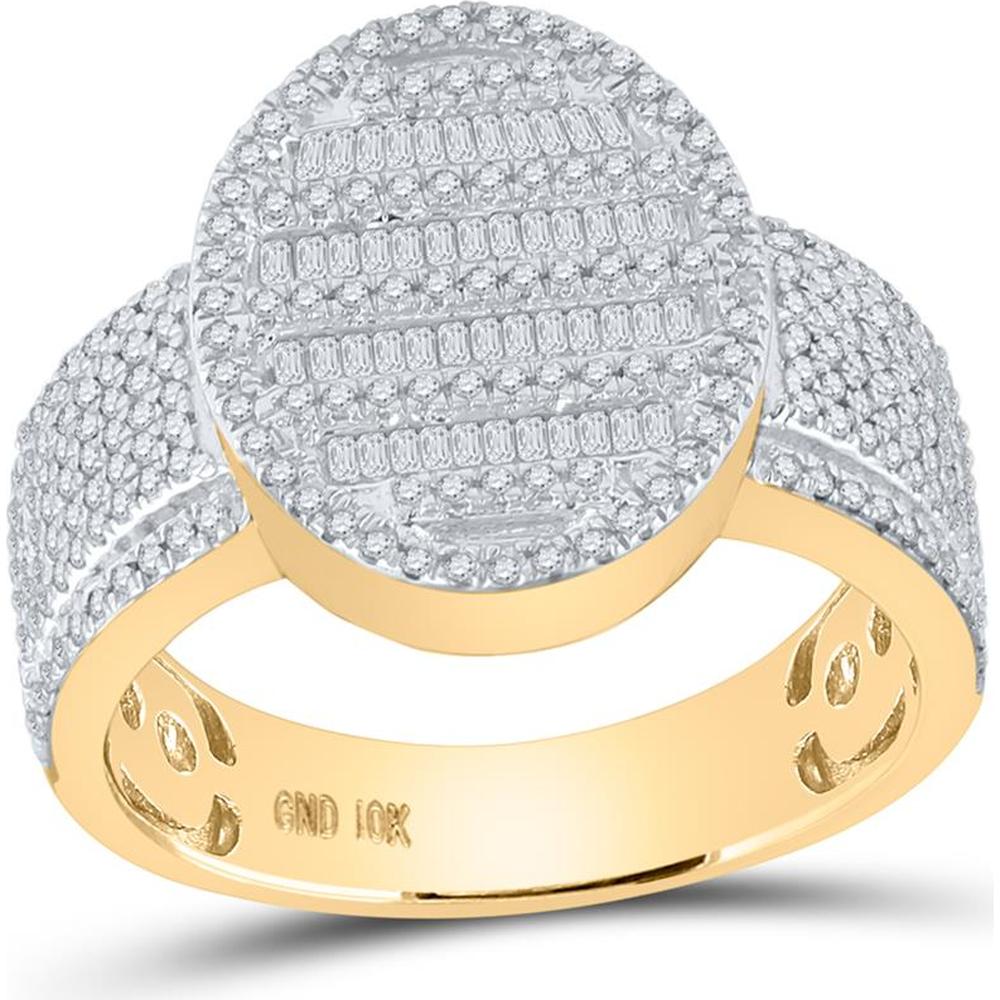 GND 10K Yellow Gold Oval Cluster Ring with Channel-Set Baguette and Pave-Set Round Diamonds - 1.00 Carat Total Diamond Weight