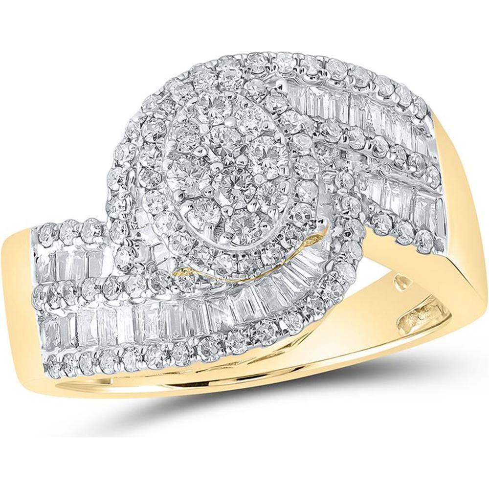 GND 10K Yellow Gold Oval Cluster Ring with Round and Baguette Diamonds - 1.00 Carat Total Diamond Weight