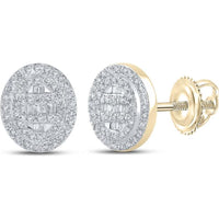 GND 10K Yellow Gold Oval Cluster Stud Earrings with Channel-Set Baguette and Pave-Set Round Diamonds - 0.38 Carat Total Diamond Weight