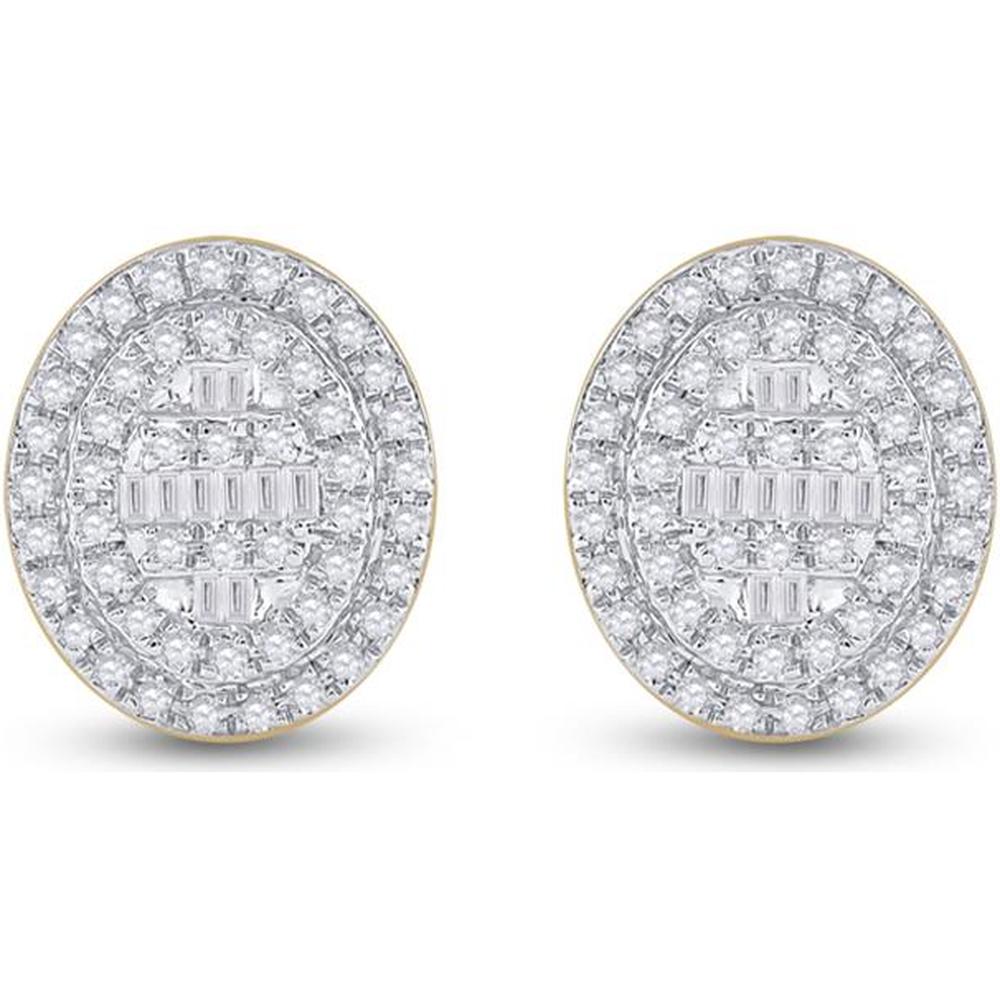 GND 10K Yellow Gold Oval Cluster Stud Earrings with Channel-Set Baguette and Pave-Set Round Diamonds - 0.38 Carat Total Diamond Weight