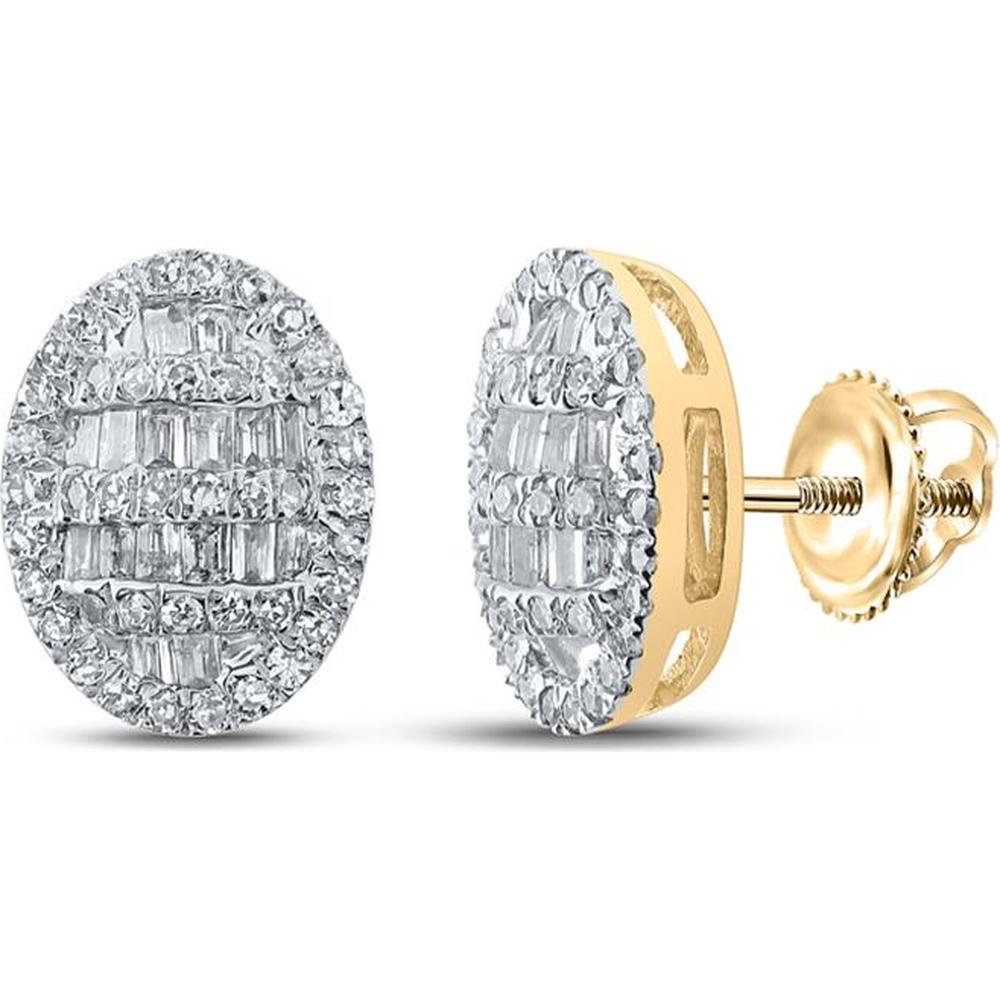 GND 10K Yellow Gold Oval Earrings with Channel-Set Baguette and Prong-Set Round Diamonds - 0.53 Carat Total Diamond Weight