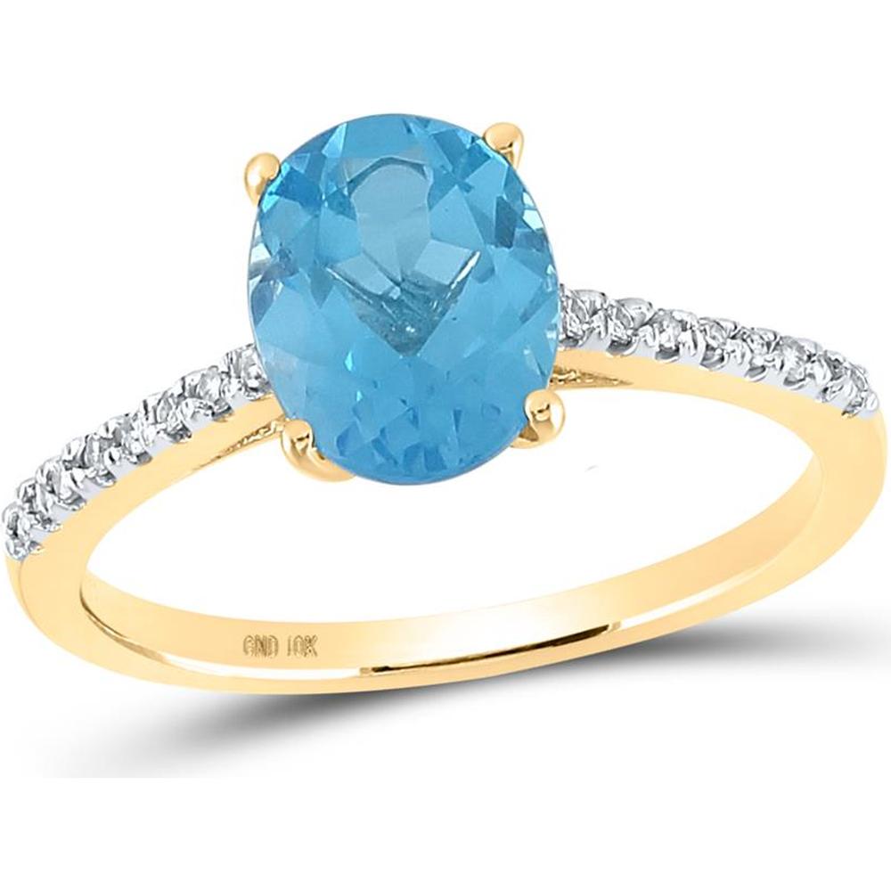 GND 10K Yellow Gold Oval Synthetic Blue Topaz Solitaire Ring with Prong Set Round Diamonds - 2.33 Carat Total Carat Weight