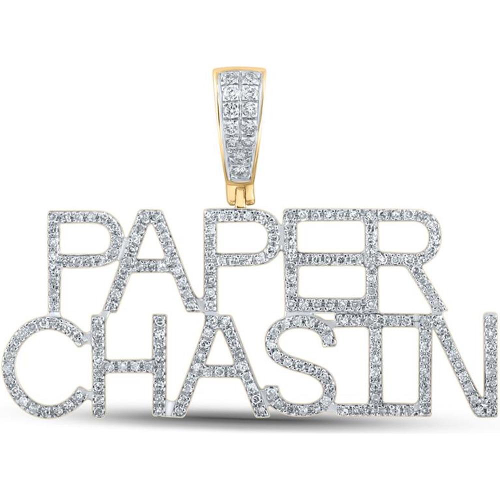 GND 10K Yellow Gold "Paper Chasin" Phrase Charm Pendant with Pave Set Round Diamonds - 5/8 Total Carat Weight