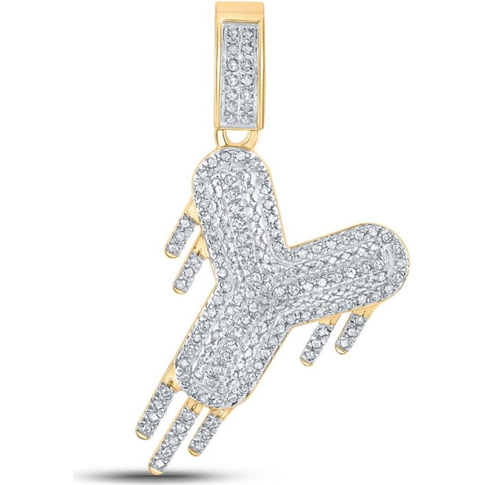 GND 10K Yellow Gold Pave-Set Round Diamond Drip "Y" Charm Pendant - 0.50 Carat Total Diamond Weight