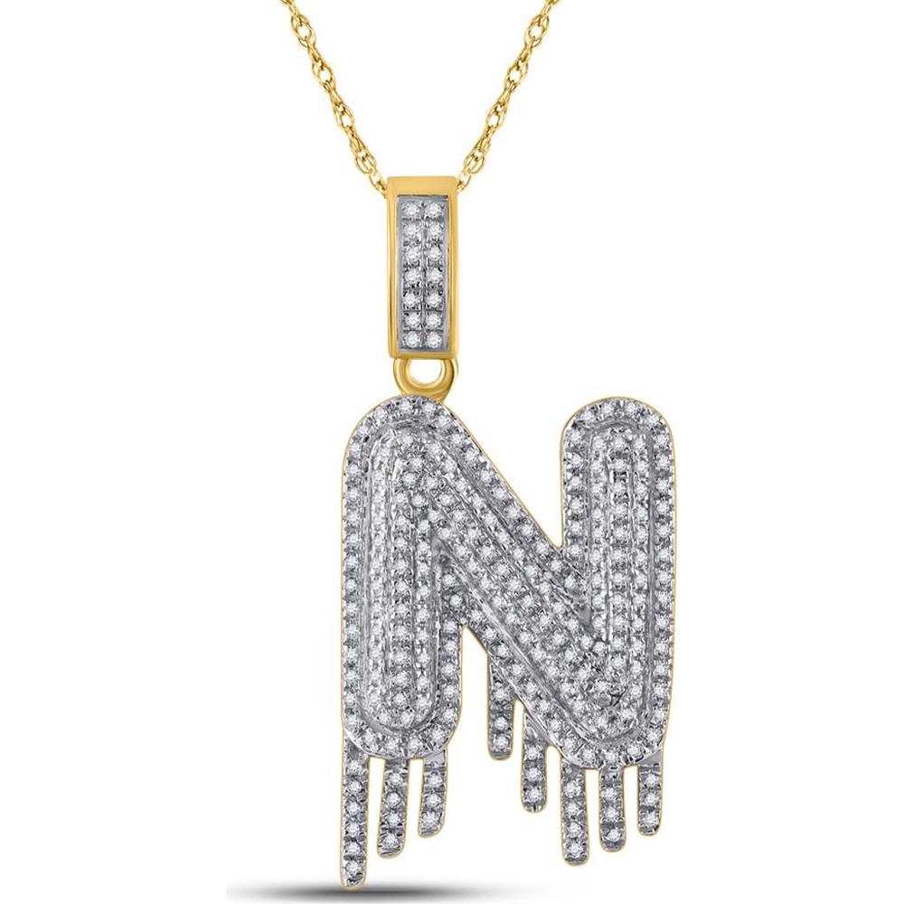 GND 10K Yellow Gold Pave-Set Round Diamond Dripping "N" Letter Charm Pendant - 0.70 Carat Total Diamond Weight