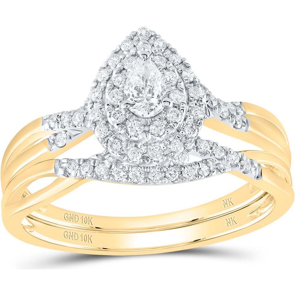 GND 10K Yellow Gold Pear Diamond Bridal Wedding Ring Set with Halo and Channel-Set Round Diamonds - 3/8 Carat Total Diamond Weight