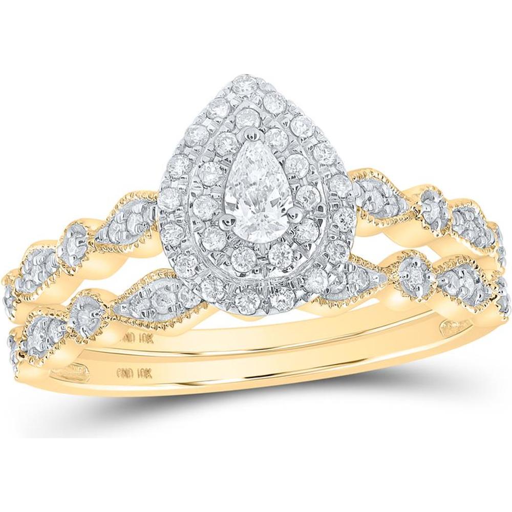 GND 10K Yellow Gold Pear Diamond Bridal Wedding Ring Set with Halo and Milgrain Detail - 3/8 Total Diamond Carat Weight