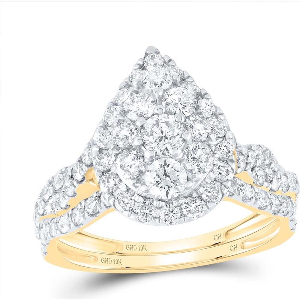GND 10K Yellow Gold Pear Halo Bridal Wedding Ring Set with Round Diamonds - 1-1/2 Carat Total Diamond Weight