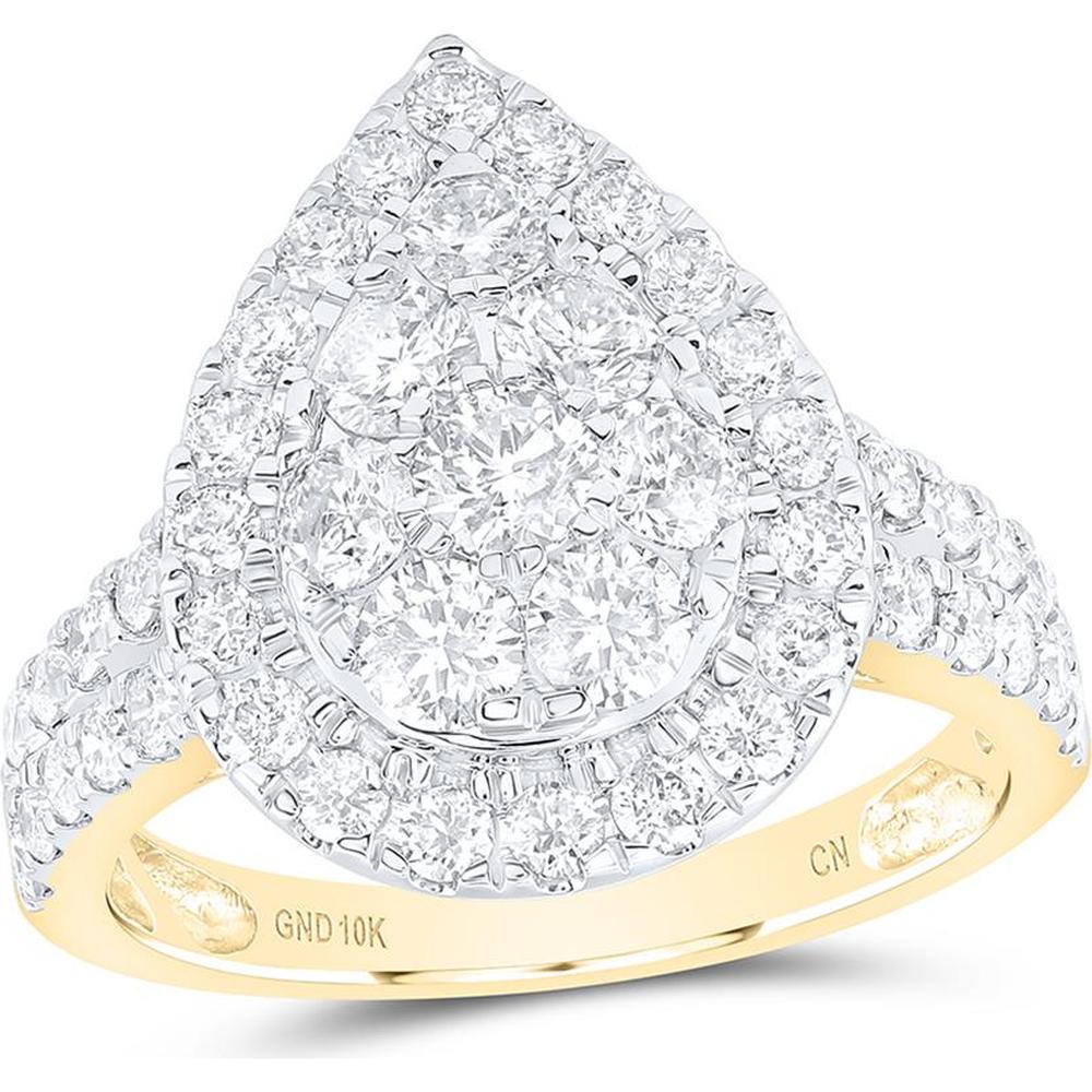 GND 10K Yellow Gold Pear Shaped Cluster Diamond Ring with Double Halo - 2 Carat Total Diamond Weight