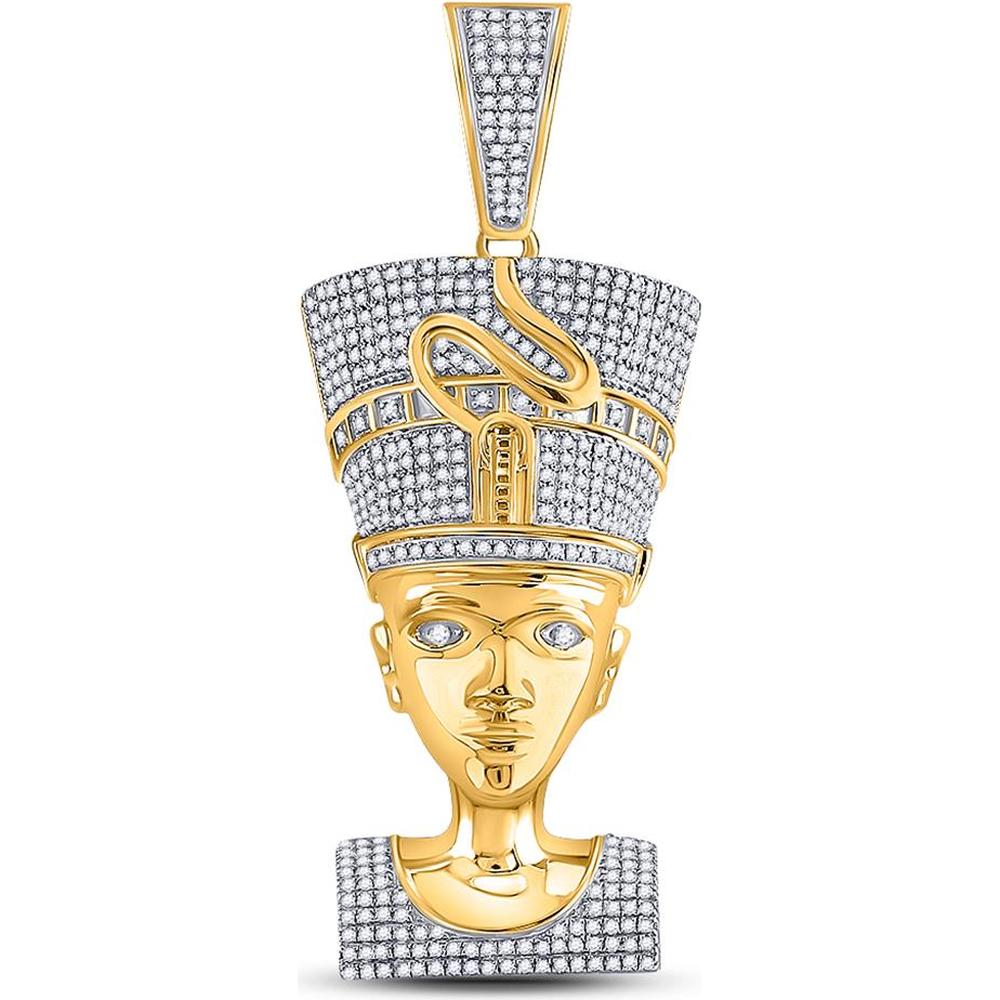 GND 10K Yellow Gold Pharaoh Nefertiti Charm Pendant with Pave-Set Round Diamonds - 1.35 Carat Total Diamond Weight