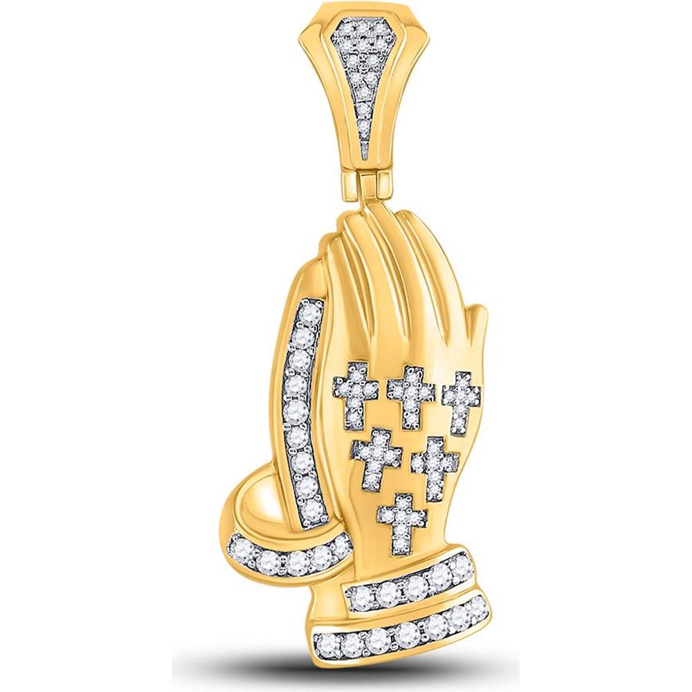GND 10K Yellow Gold Praying Hands Cross Charm Pendant with Round Diamonds - 5/8 Total Carat Weight