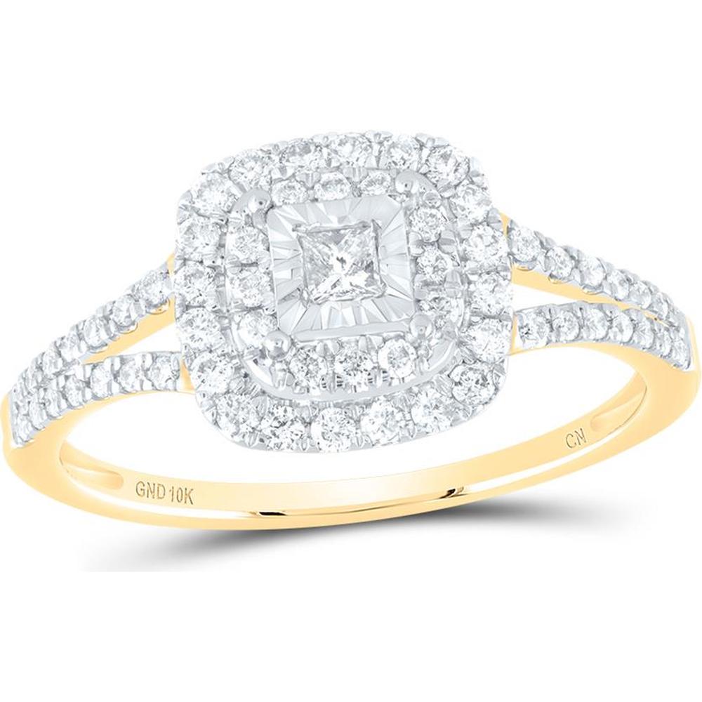 GND 10K Yellow Gold Princess-Cut Diamond Square Halo Ring with Split Shank Design - 3/8 Carat Total Diamond Weight