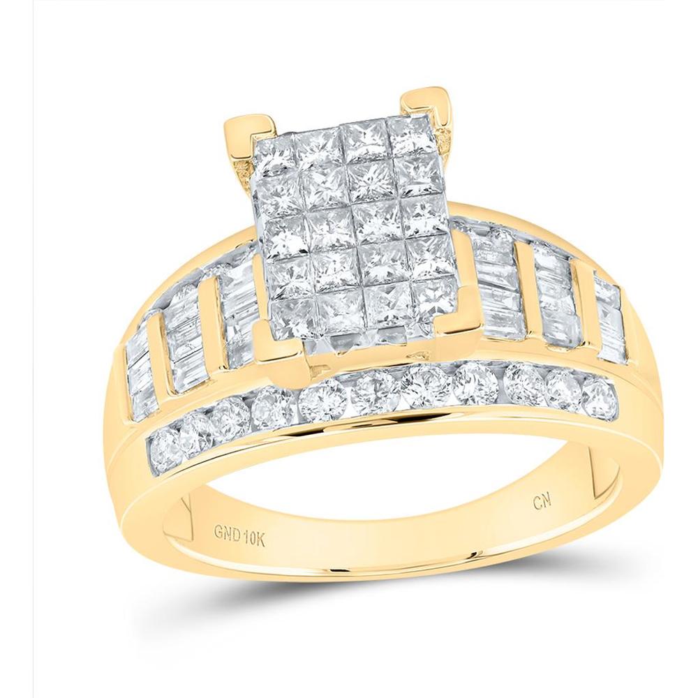 GND 10K Yellow Gold Princess Diamond Cluster Bridal Engagement Ring - 1.5 Carat Total Diamond Weight