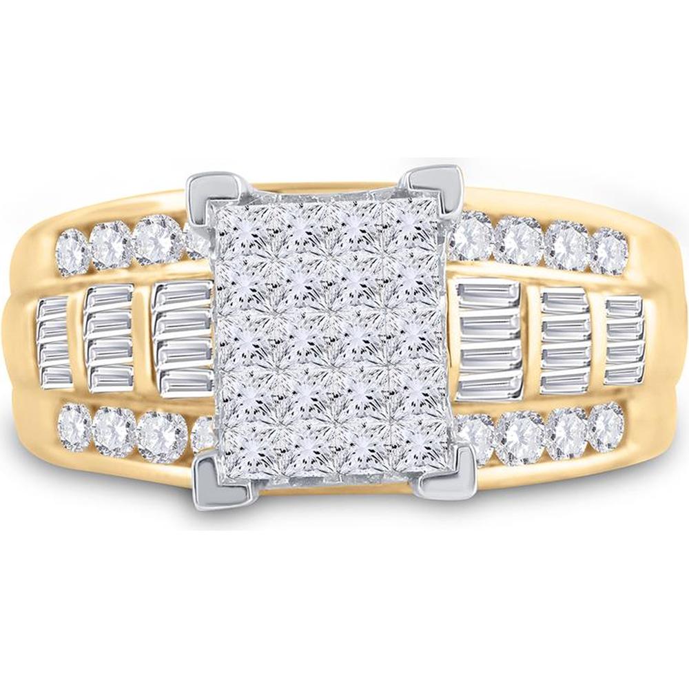 GND 10K Yellow Gold Princess Diamond Cluster Bridal Engagement Ring - 1.5 Carat Total Diamond Weight