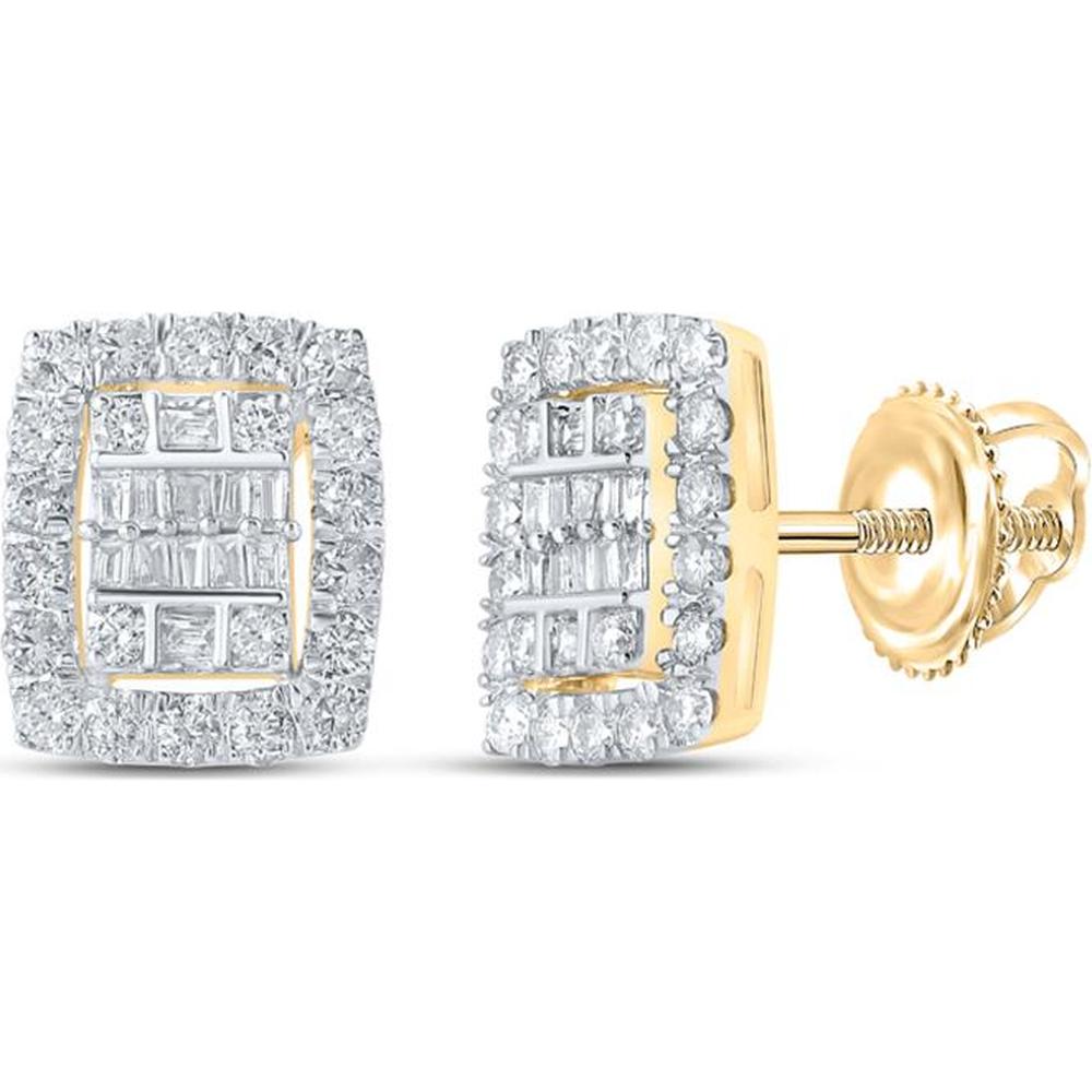 GND 10K Yellow Gold Rectangle Cluster Earrings with Channel-Set Baguette and Prong-Set Round Diamonds - 0.75 Carat Total Diamond Weight