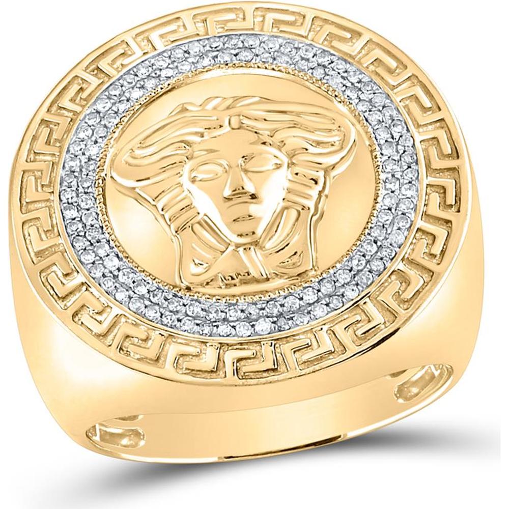 GND 10K Yellow Gold Ring with Round Diamonds and Medusa Face Greek Key Motif - 1/3 Total Carat Weight