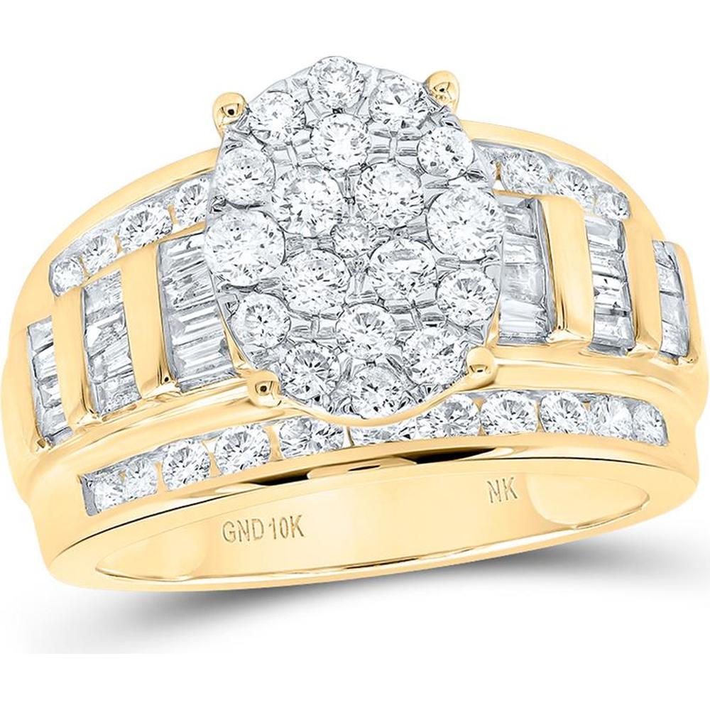 GND 10K Yellow Gold Round and Baguette Diamond Bridal Engagement Ring - 1.54 Carat Total Diamond Weight