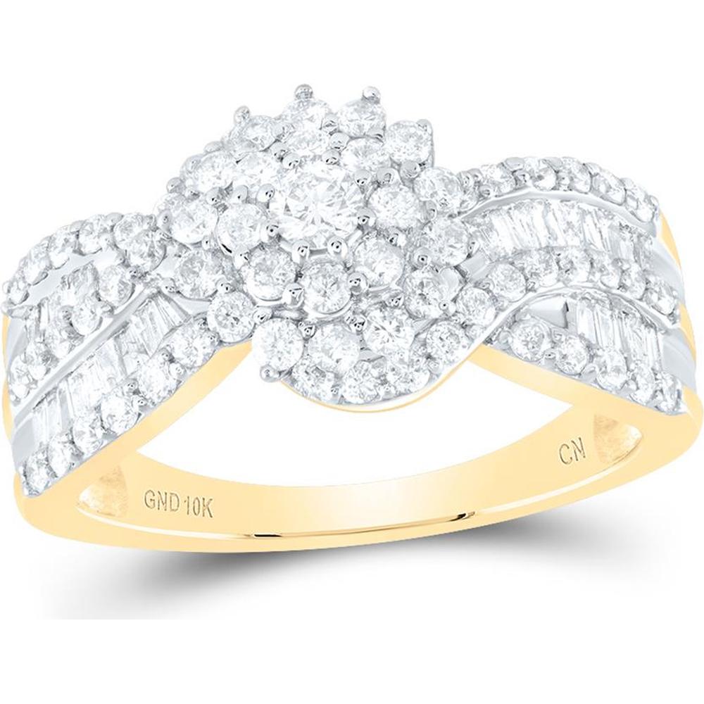 GND 10K Yellow Gold Round and Baguette Diamond Cluster Ring - 1.00 Carat Total Diamond Weight
