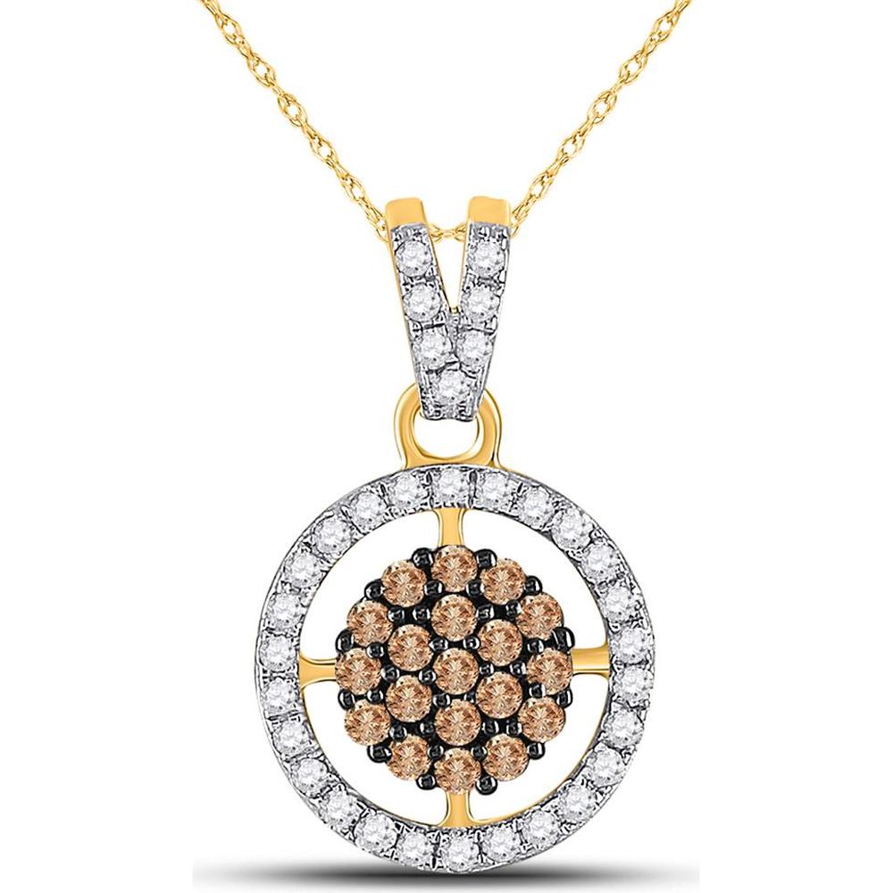GND 10K Yellow Gold Round Brown Diamond Cluster Pendant with Halo of White Diamonds - 0.50 Total Carat Weight