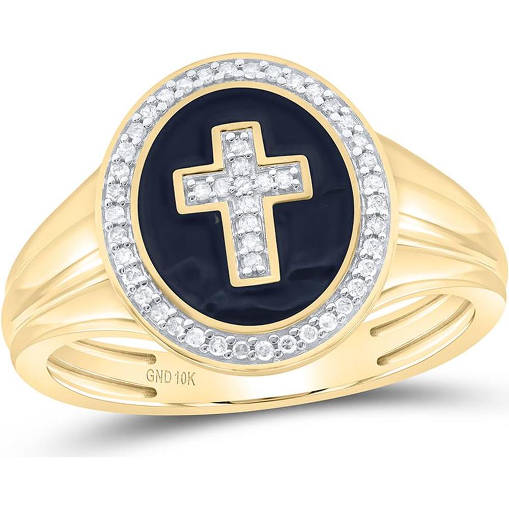 GND 10K Yellow Gold Round Diamond and Black Enamel Oval Cross Ring with Halo - 1/6 Total Carat Weight