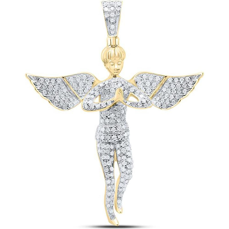 GND 10K Yellow Gold Round Diamond Angel Charm Pendant with Pave-Set Diamonds - 1.05 Carat Total Diamond Weight