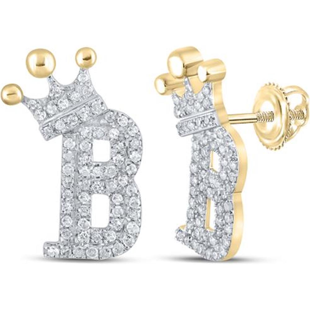 GND 10K Yellow Gold Round Diamond B Crown Letter Earrings - 1/3 Total Carat Weight