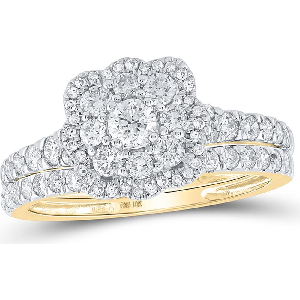 GND 10K Yellow Gold Round Diamond Bridal Wedding Ring Set with Floral Halo - 1.0 Carat Total Diamond Weight