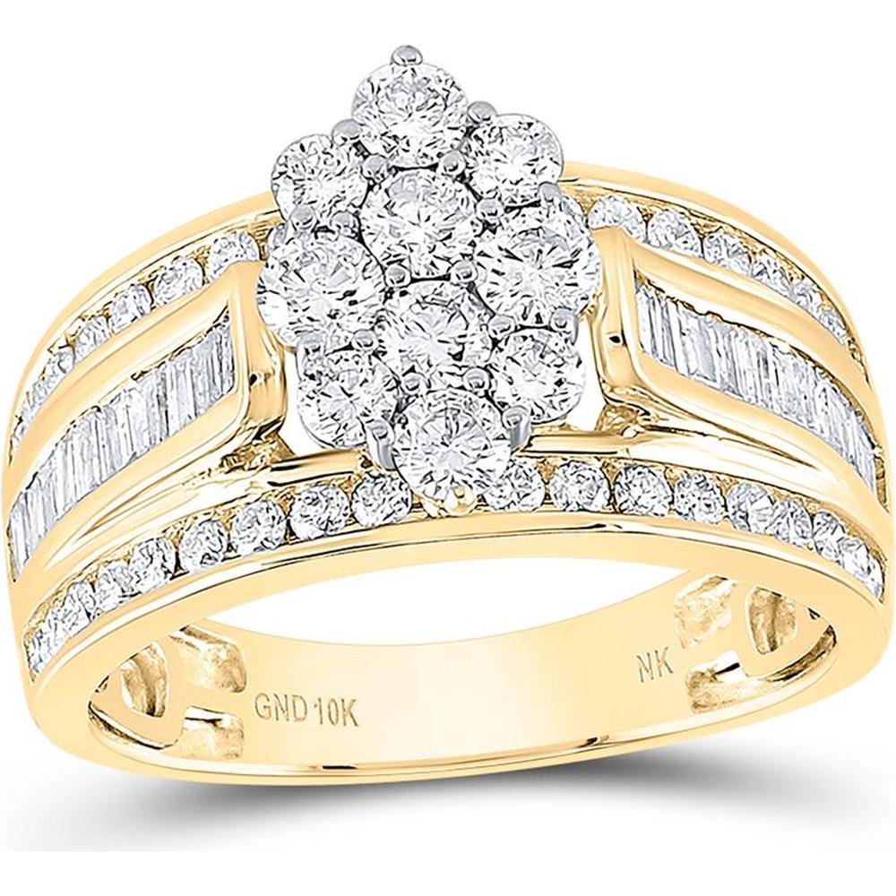 GND 10K Yellow Gold Round Diamond Cluster Bridal Engagement Ring with Channel Set Baguette and Round Diamonds - 1-1/2 Carat Total Diamond Weight