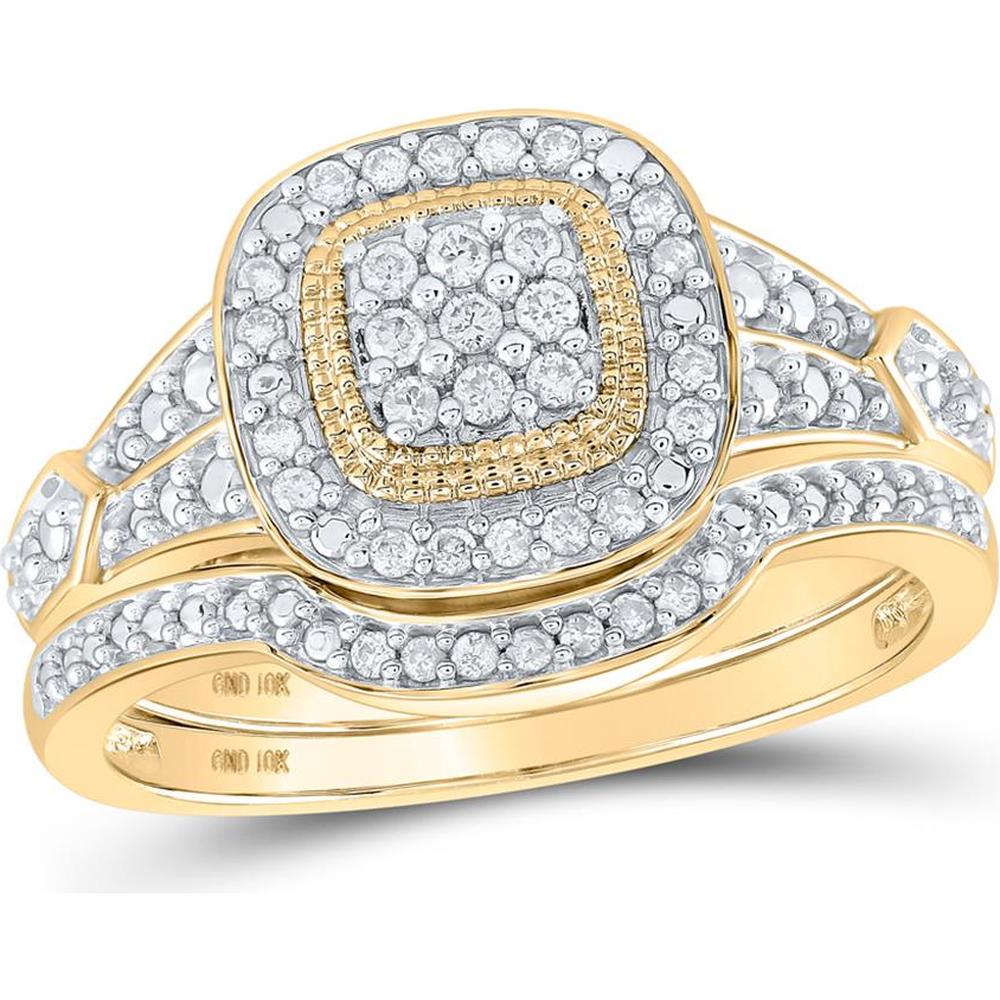 GND 10K Yellow Gold Round Diamond Cluster Bridal Wedding Ring Set - 0.20 Carat Primary Stone, 1/5 Carat Total Carat Weight