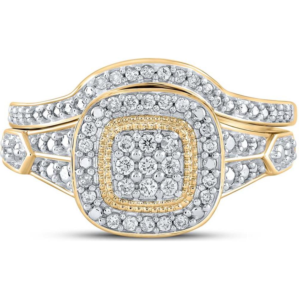 GND 10K Yellow Gold Round Diamond Cluster Bridal Wedding Ring Set - 0.20 Carat Primary Stone, 1/5 Carat Total Carat Weight