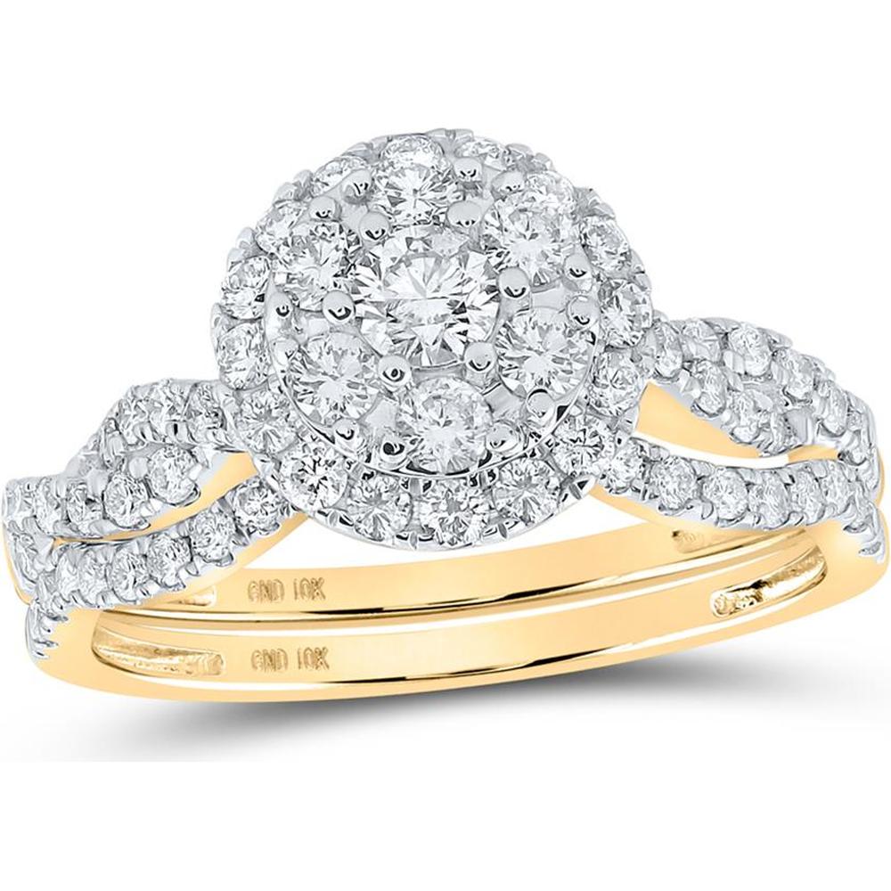 GND 10K Yellow Gold Round Diamond Cluster Bridal Wedding Ring Set - 1.00 Carat Total Diamond Weight